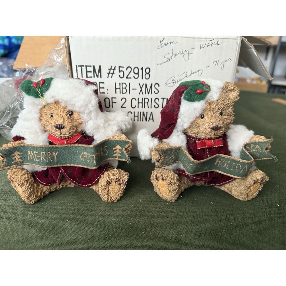 2 Happy Holiday Merry Christmas Teddy Bear Resin Figures 4" H  X‎ 5" W